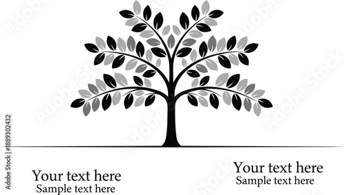 Minimal black and gray leafy tree with text placeholders, modern nature illustration, elegant monochrome design, editable template on white background