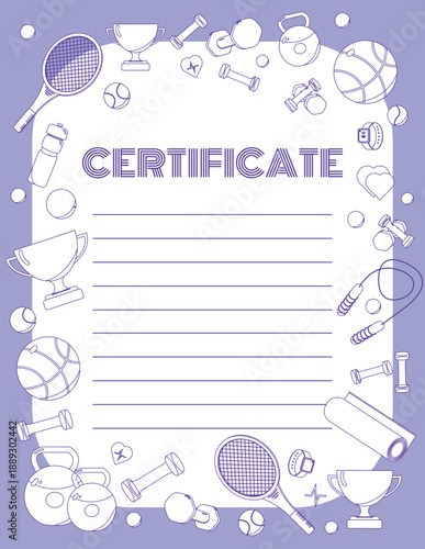 Vertical line art Sport certificate template with purple background and various sports equipment and trophies with lines