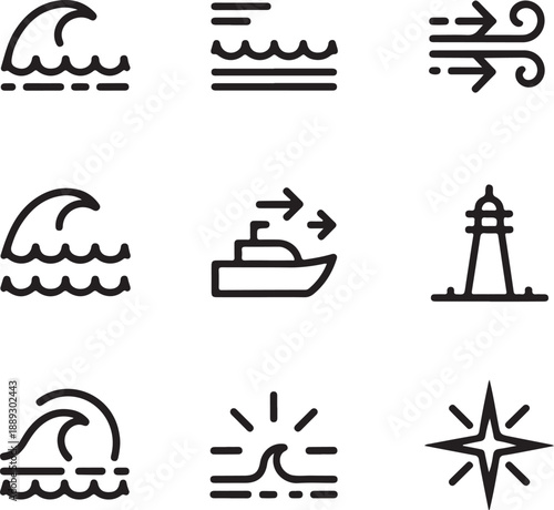 Set of nautical icons including waves wind ship lighthouse and sun