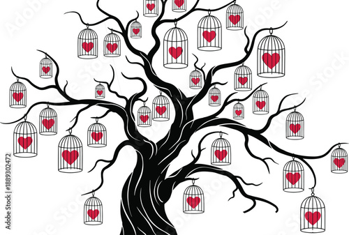 Surreal tree with hanging birdcages holding hearts, love trapped concept, emotional symbolism, romance, freedom and longing illustration