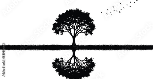 Tree silhouette with reflection and roots symbolizing balance life duality nature harmony growth freedom birds minimal landscape illustration