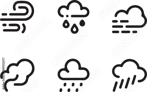 A collection of six weather icons depicting various conditions including wind, rain and cloudy skies
