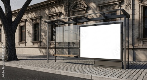 Bus stop advertising mockup with a blank white billboard in an urban street. Modern glass shelter with reflections, old building, tree shadows, and cobblestone sidewalk with a copy space area