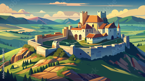 Very beautiful aerial view of the historic Spiš Castle ruins in Slovakia, surrounded by rolling hills, dramatic stone walls, and soft natural light under an open sky.