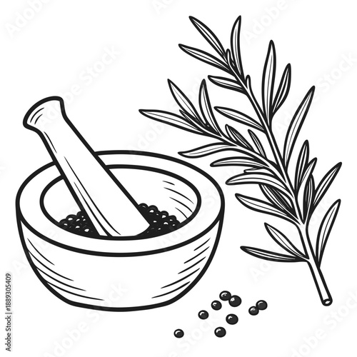 Mortar and pestle with rosemary herb. Grinding herbal spice, seasoning with pistil. Natural aromatic condiment, flavoring, cooking ingredient. Flat vector illustration isolated on white background