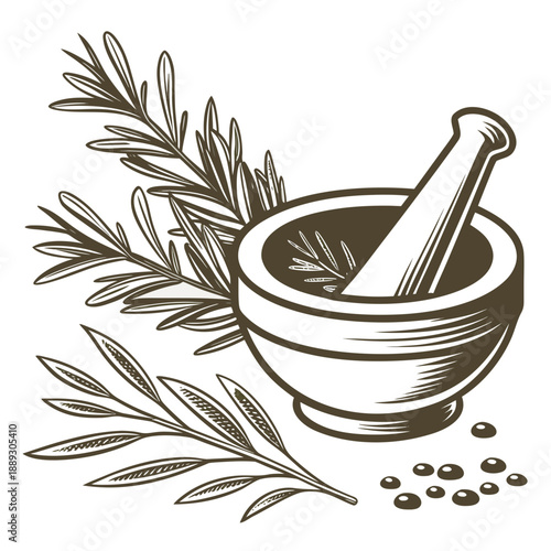 Mortar and pestle with rosemary herb. Grinding herbal spice, seasoning with pistil. Natural aromatic condiment, flavoring, cooking ingredient. Flat vector illustration isolated on white background