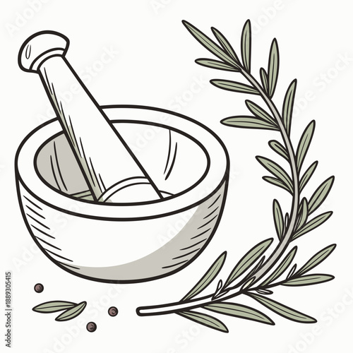 Mortar and pestle with rosemary herb. Grinding herbal spice, seasoning with pistil. Natural aromatic condiment, flavoring, cooking ingredient. Flat vector illustration isolated on white background