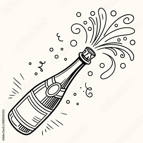 Exploding champagne bottle with cork and bubbles line drawing. Vector retro hand drawn illustration