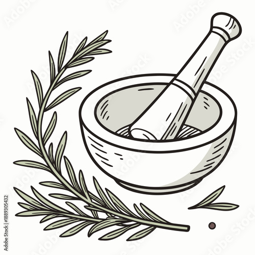 Mortar and pestle with rosemary herb. Grinding herbal spice, seasoning with pistil. Natural aromatic condiment, flavoring, cooking ingredient. Flat vector illustration isolated on white background