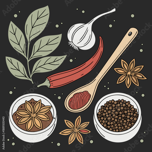 Vector illustration of spices and herbs composition on black background. Flat cartoon design with pepper, garlic, cinnamon, star anise, basil, and spice blends in bowls and decorative spoons