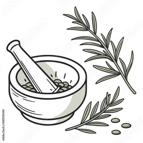 Mortar and pestle with rosemary herb. Grinding herbal spice, seasoning with pistil. Natural aromatic condiment, flavoring, cooking ingredient. Flat vector illustration isolated on white background