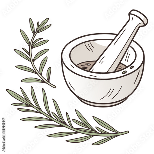 Mortar and pestle with rosemary herb. Grinding herbal spice, seasoning with pistil. Natural aromatic condiment, flavoring, cooking ingredient. Flat vector illustration isolated on white background