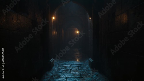 An old abandoned house on a dark narrow street at night.