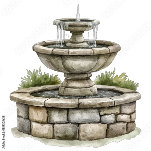 Vintage watercolor three tier stone garden fountain with flowing water