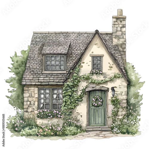 Vintage watercolor stone cottage house with green door and ivy