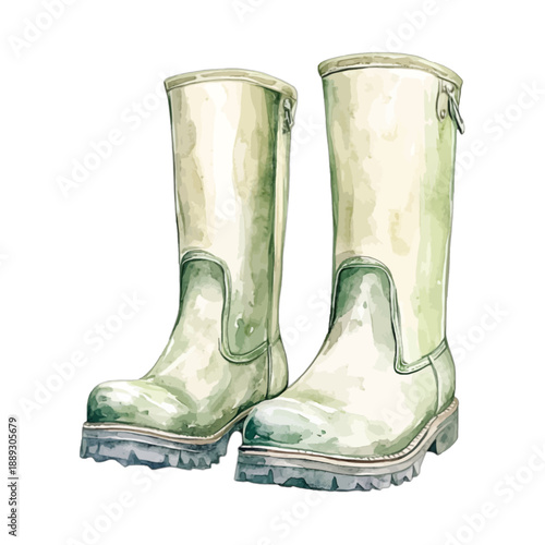 Vintage watercolor sage green wellington boots for gardening