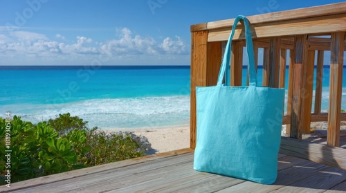 Turquoise beach tote on sunny wooden deck overlooking ocean.