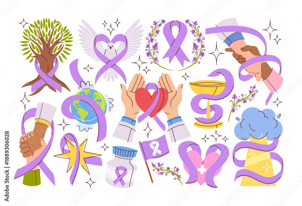 Fototapeta premium World cancer day colorful stickers set with human hands, heart, tree, pigeon, medical cup symbols