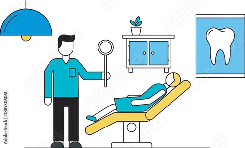 Dentist in a dental clinic with a patient on the chair and a dental x ray on the wall
