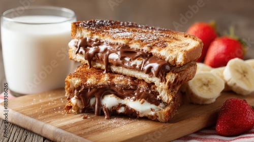 Decadent chocolate and marshmallow sandwich with fresh strawberries and bananas. © mila103
