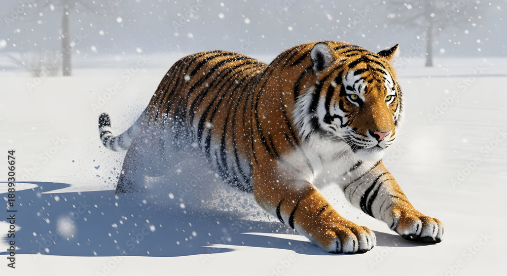 Obraz premium Snowbound Tiger in Flight Winter Stripes on the Move Tiger Sprint Through Snow Feline Fury in Fresh Snow Frosty Rapids: Tiger Run