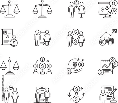 Gender pay equity icons set for business and finance