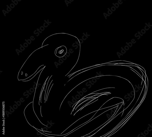 Abstract line drawing of a relaxed swan. Black and white background. 