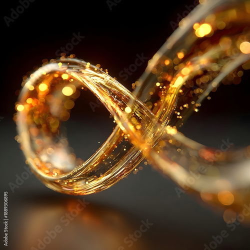 Infinity symbol forming from glowing golden liquid and light particles creating an abstract, elegant, and dynamic background with motion blur and bokeh effect