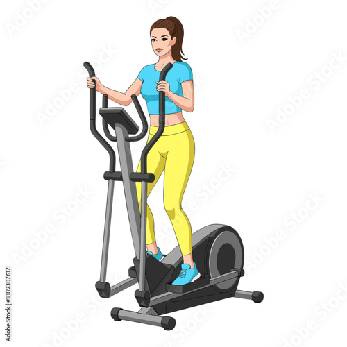 Woman on elliptical trainer, social media fitness post, transparent background, vector