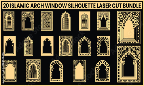 Collection of islamic arch window silhouettes isolated on white background, Vector