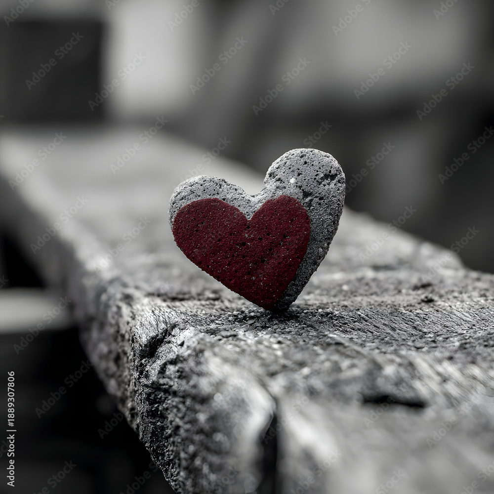 Fototapeta premium Stone heart symbol of enduring love, with a vibrant red heart inside, highlighting passion and romance standing on a rustic wooden surface with selective color effect