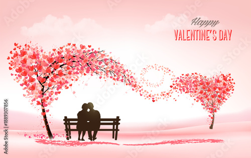 Valentine's Day holiday background with  heart shape tree and couple in love on a bench. Concept of love. Vector
