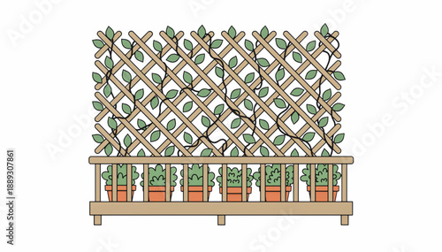 Balcony garden with wooden lattice and climbing vines. Flat design vector illustration of terrace railing with potted plants. Home exterior element