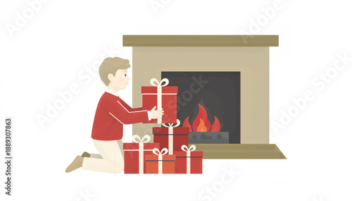 Young boy stacking red gift boxes near a burning fireplace. Christmas holiday concept. Flat design vector illustration