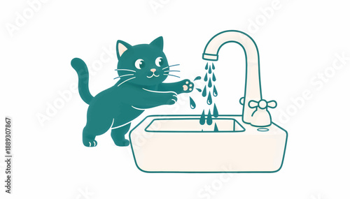 Cat playing with water from a dripping faucet. Flat vector illustration of a curious kitten touching water drops. Pet and plumbing concept isolated on white background
