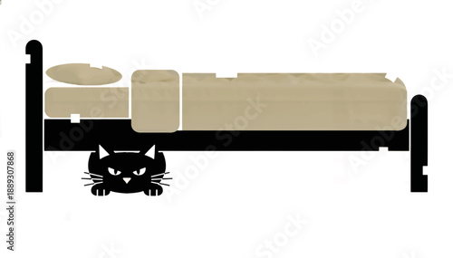 Black cat hiding under bed frame. Flat vector illustration of bedroom furniture and pet. Spooky animal peeking concept