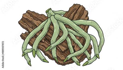 Orchid roots growing on wood bark pieces. Botanical vector illustration of epiphytic plant parts. Hand drawn gardening design element isolated on white