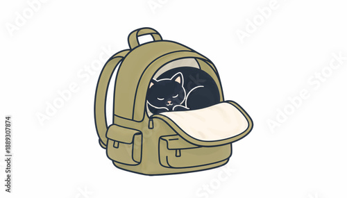 Black cat sleeping in open backpack. Flat design vector illustration of pet inside bag. Isolated cartoon character