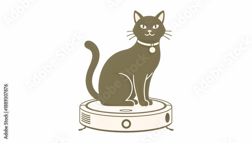Cat sitting on robotic vacuum cleaner. Pet riding smart home cleaning appliance. Flat design vector illustration