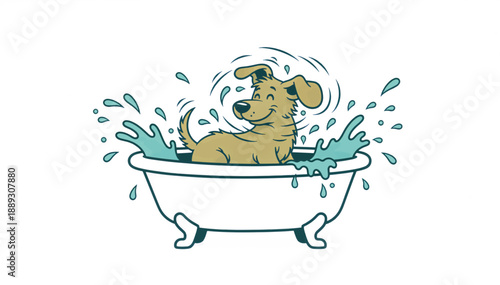 Dog shaking off water in bathtub. Cartoon vector illustration of wet puppy drying itself. Pet grooming and hygiene concept
