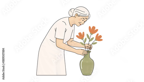 Elderly woman arranging flowers in a vase. Senior lady enjoying hobby at home. Vector illustration isolated on white background