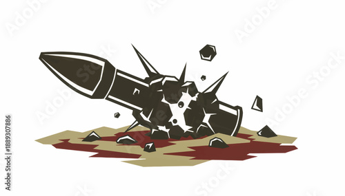 Exploded artillery shell on blood stained ground. Vector illustration of broken bullet and ammunition. Military conflict and destruction concept. Isolated graphic element