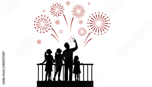 Family silhouette watching fireworks from a balcony. Man and children celebrating holiday event. Flat vector illustration isolated on white background