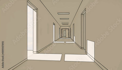 Empty hallway interior with open doors. Corridor perspective vector illustration. School or office passage background