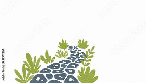 Garden path made of stone slabs. Flat design vector illustration of a winding walkway with green plants. Isolated on white background