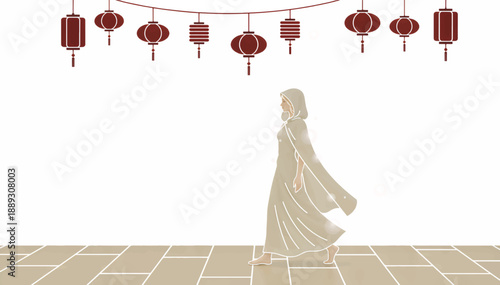 A woman in a hooded cloak walking under hanging lanterns. Minimalist hand-drawn vector illustration. Fantasy or cultural festival concept isolated on a white background