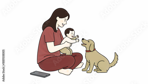 Mother sitting on the floor with her baby and dog. Happy family and pet companionship concept. Simple cartoon vector illustration
