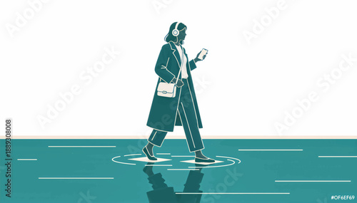 A woman walking with headphones and a smartphone. Minimalist flat design vector illustration. Modern urban life and technology concept