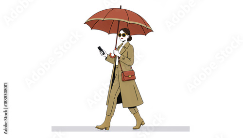 A stylish woman walking with an umbrella and smartphone. Modern flat design vector illustration of a character in a trench coat. Urban fashion and city lifestyle concept