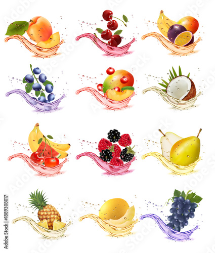 Set of fruits and vegetables in juice splashes. Apricot, watermelon, cherry, raspberry, blackberry, coconut, pear, sweet melon, pineapple, strawberry in juice splash and drops. Vector illustration.